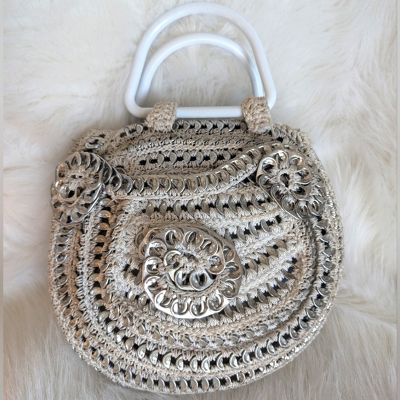 Pop Top Soda Tab Silver & Beige Crochet Purse Satchel Bag - Picture 1 of 13
